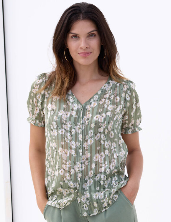Chemisier manches blousantes imprim&eacute; floral, voile jacquard (kaki / &eacute;cru)