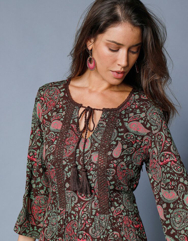 Robe longue imprimée manches 3/4 fendues (chocolat / vert)