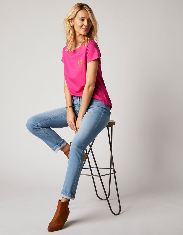 Tee-shirt uni broderie coeur manches courtes (rose)