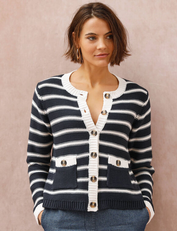 Cardigan ray&eacute; boutonn&eacute; &agrave; poches (marine / &eacute;cru)