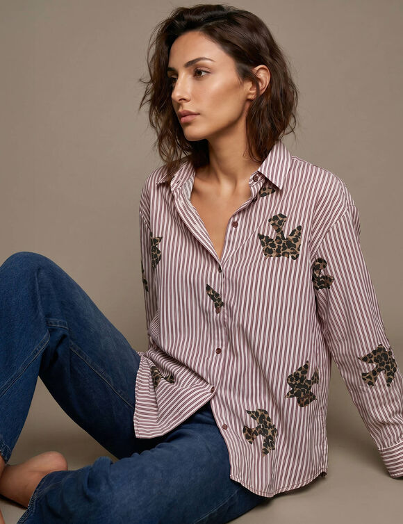 Chemise longue oversize en coton, rayures et imprim&eacute; (bordeaux / rose)