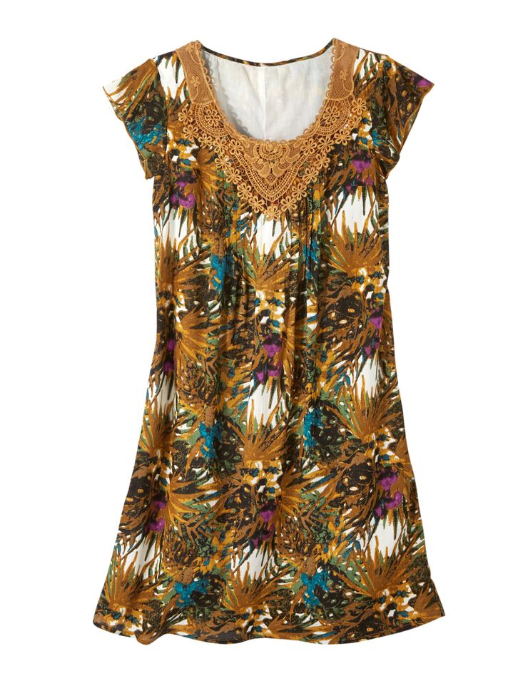 Robe imprimé tropical - décolleté macramé (miel)