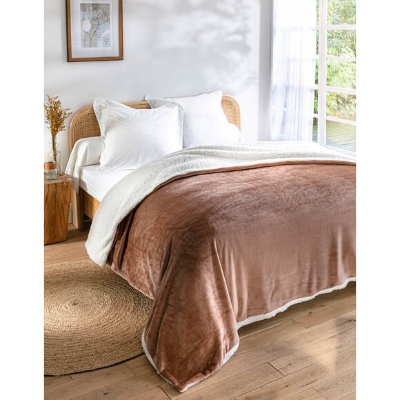 Couverture double face polaire et sherpa (noisette)