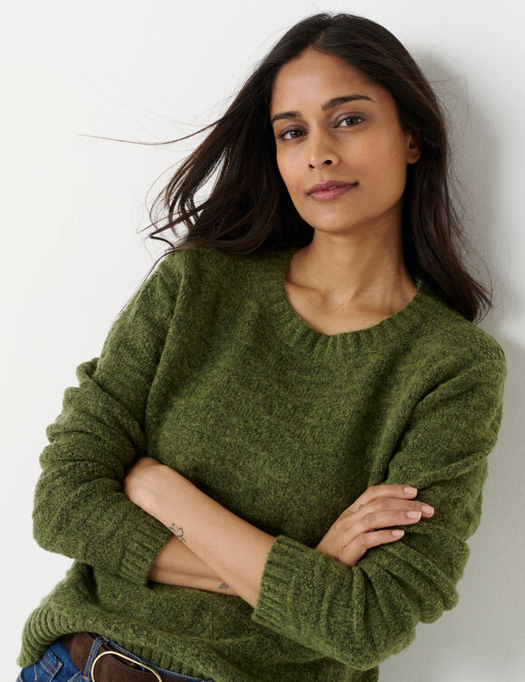 Pull col rond, maille fantaisie en laine m&eacute;lang&eacute;e (vert mousse)