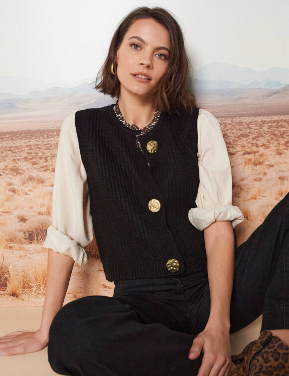 Gilet sans manches toucher doux, boutons dor&eacute;s (noir)