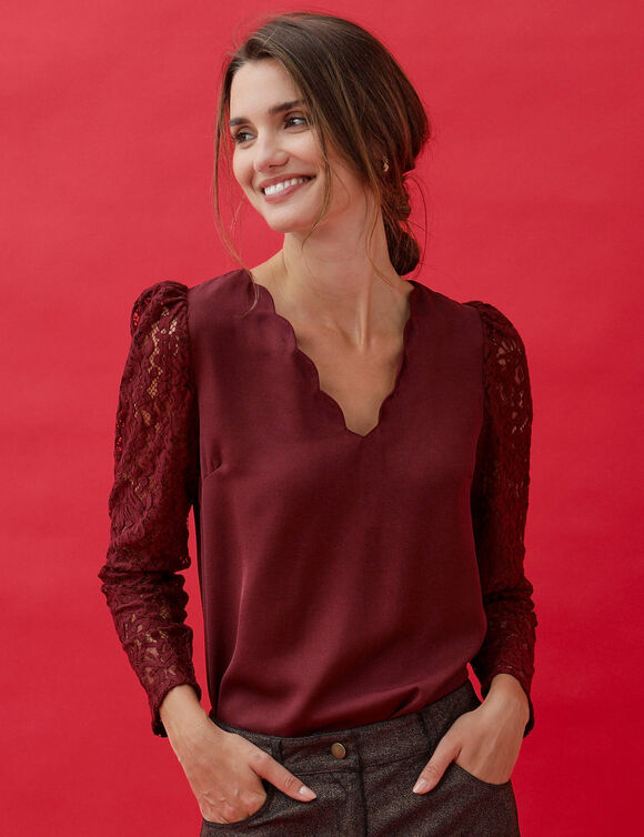 Blouse d&eacute;collet&eacute; festonn&eacute; dos, manches dentelle (bordeaux)