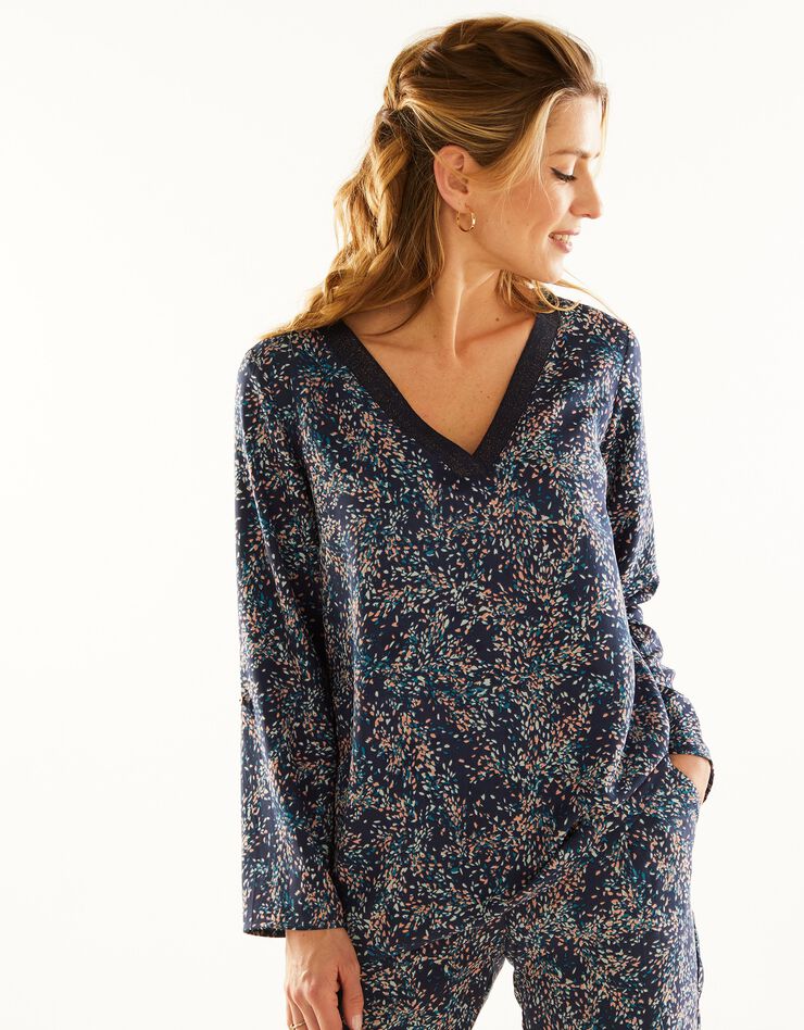 Blouse imprimée crêpe fluide détails brillants (marine) Blouse imprimée crêpe fluide détails brillants (marine)