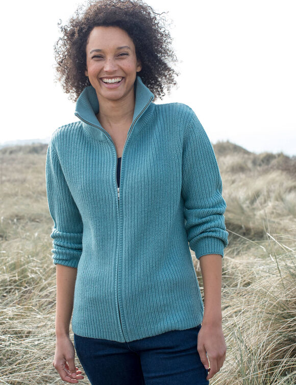 Gilet zipp&eacute; col montant, maille anglaise (c&eacute;ladon grise)