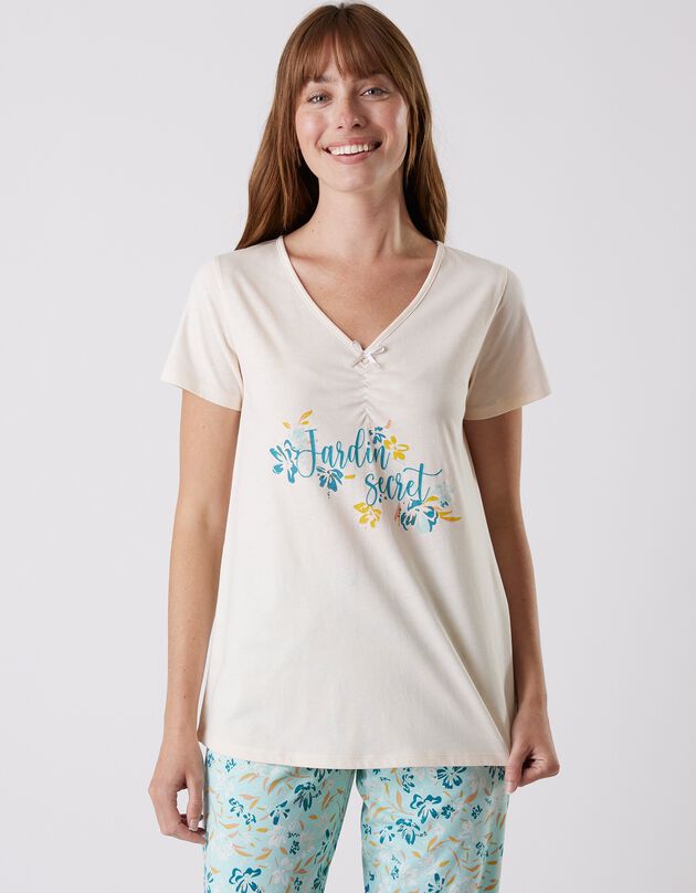 Tee-shirt pyjama manches courtes imprimé "jardin secret" (écru)