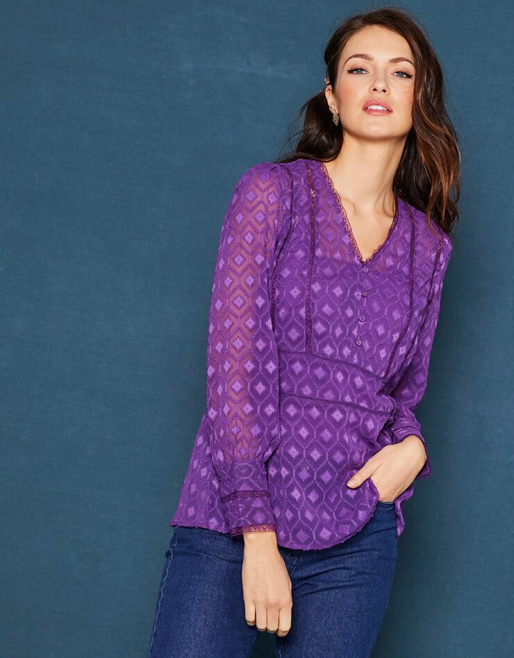 Blouse en voile jacquard dentelle - col V (violet) Blouse en voile jacquard dentelle - col V (violet)