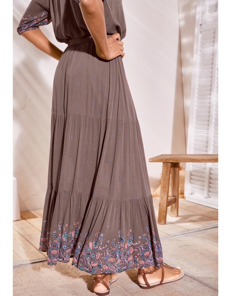 Jupon long volanté base imprimée, crépon (taupe) Jupon long volanté base imprimée, crépon (taupe)
