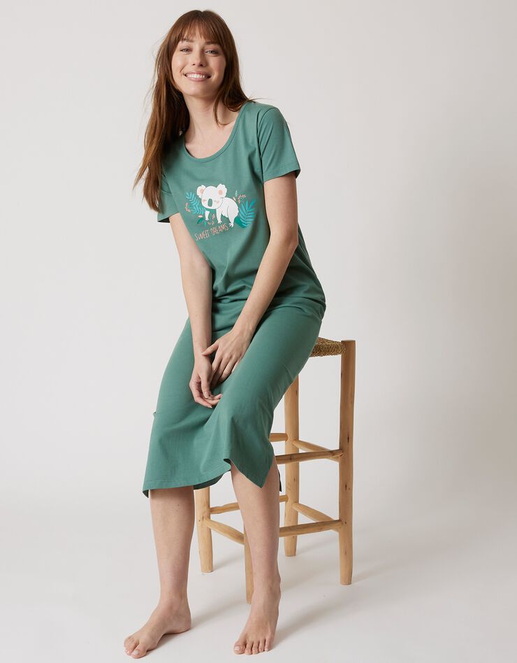 Chemise de nuit longue à manches courtes imprimé koala (kaki)