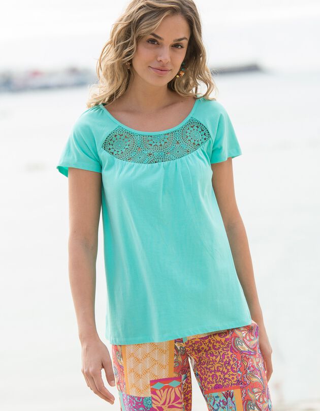Tee-shirt plastron macramé (aqua)
