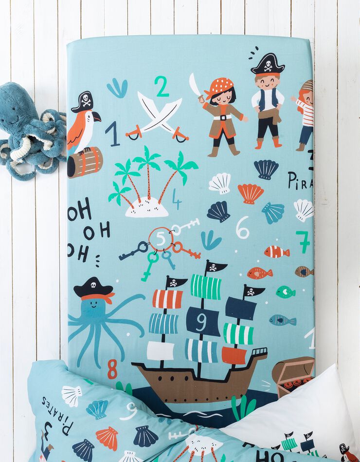 Linge de lit enfant Pirates imprimé en coton (bleu)