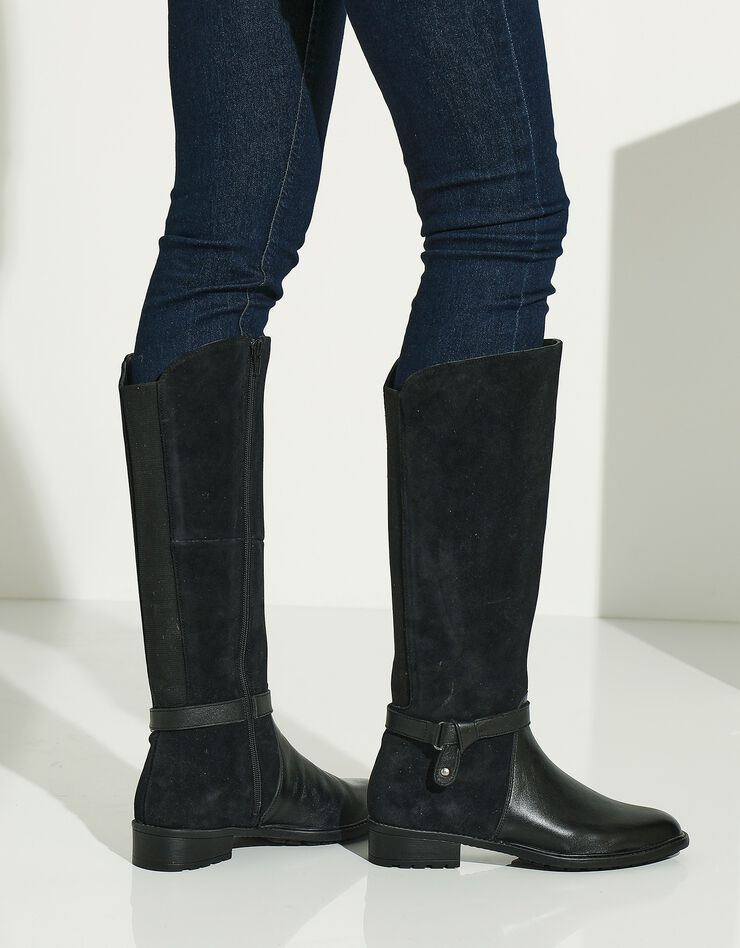 Bottes en cuir bimatière à mollets élastiqués (noir)