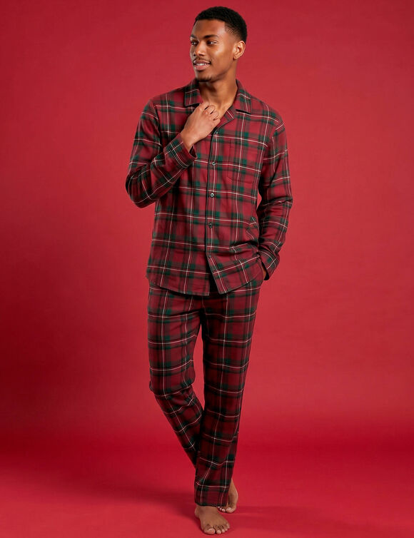 Pyjama pantalon veste boutonn&eacute;e, flanelle &agrave; carreaux (rouge / vert)