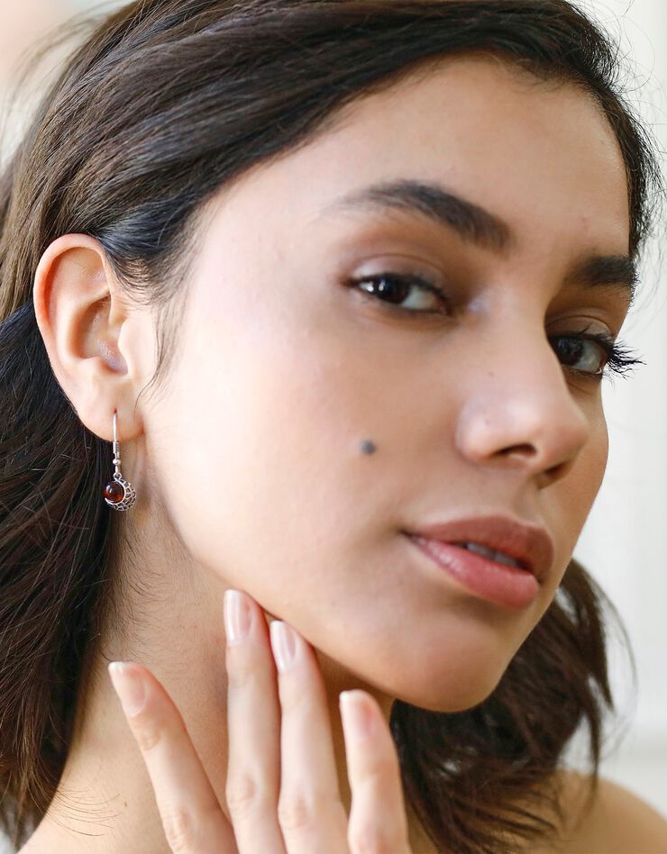 Boucles d'oreilles pendantes ajourées ambre et argent (ambre)