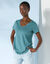T-shirt col V uni manches courtes, coton (vert grisé)