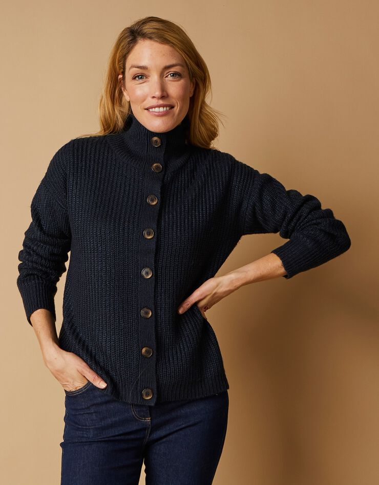 Cardigan boutonné, maille anglaise toucher mohair (marine) Cardigan boutonné, maille anglaise toucher mohair (marine)
