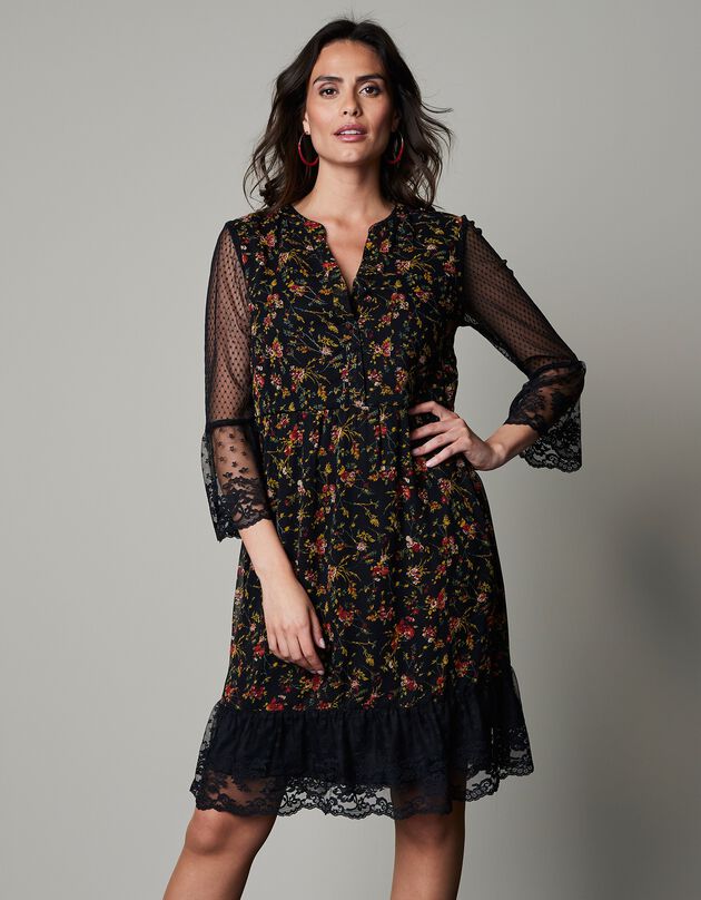 Robe dentelle manches 3/4 imprimée (noir / vert mousse)