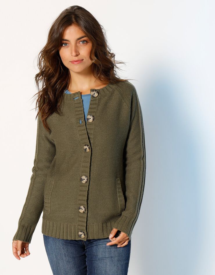 Cardigan boutonné maille fantaisie (kaki) Cardigan boutonné maille fantaisie (kaki)