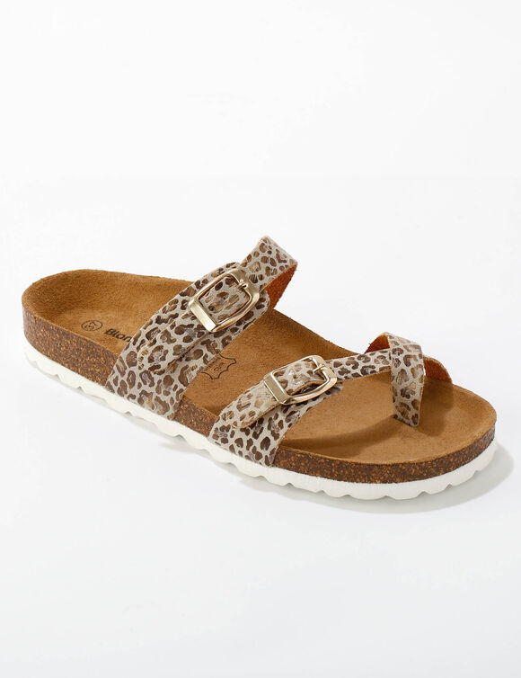 Mules entredoigt léopard talon plat double bride (beige irisé)