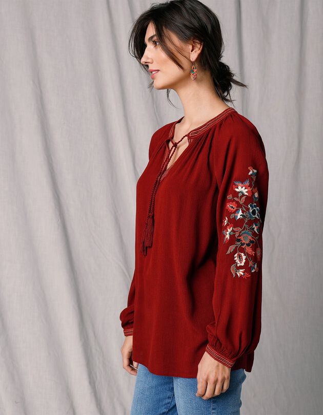 Blouse ample brodée manches 7/8 en crépon (terracotta) Blouse ample brodée manches 7/8 en crépon (terracotta)