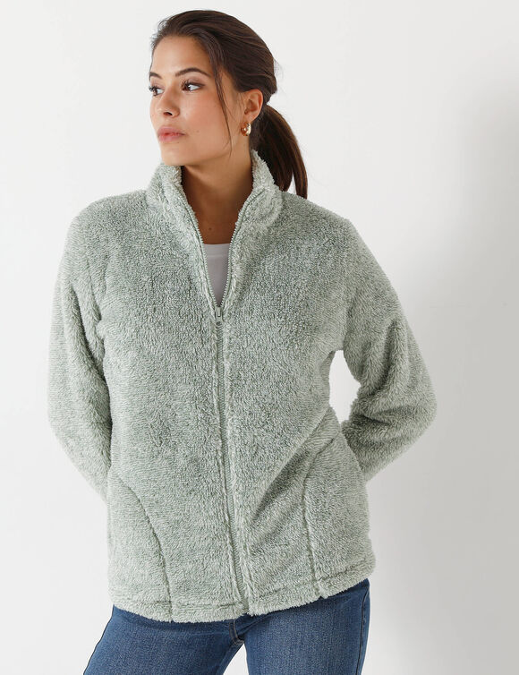 Veste zippée, maille peluche (vert amande chiné)