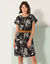 Robe courte boutonnée imprimé végétal, fluide (noir / écru)
