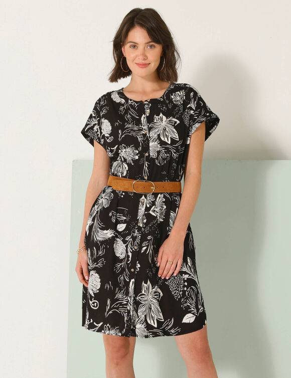 Robe courte boutonnée imprimé végétal, fluide (noir / écru)