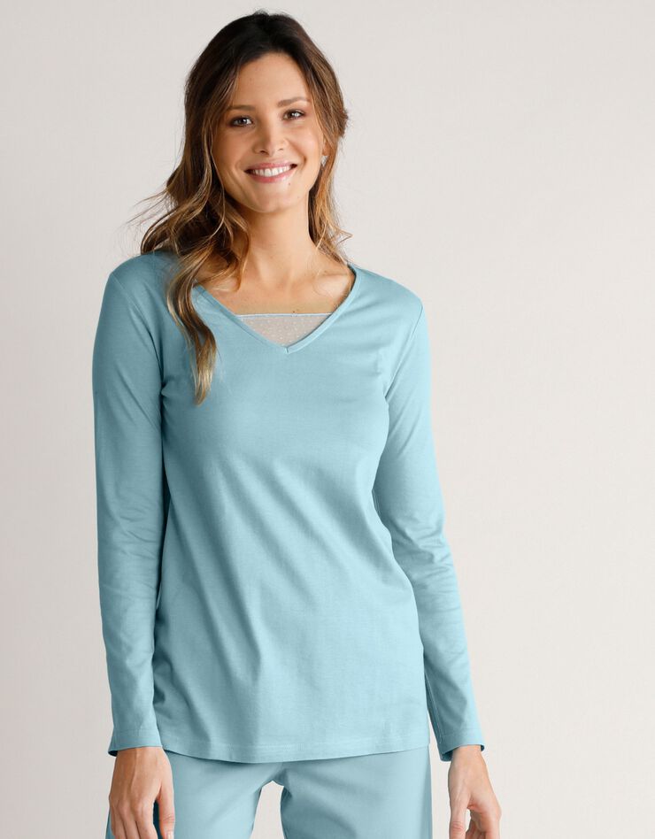 Tee-shirt col plumetis manches longues (bleu grisé) Tee-shirt col plumetis manches longues (bleu grisé)