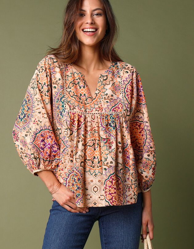 Blouse ample imprimée (beige / orange)