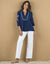 Blouse brodée manches amples, crépon (bleu indigo / rose)