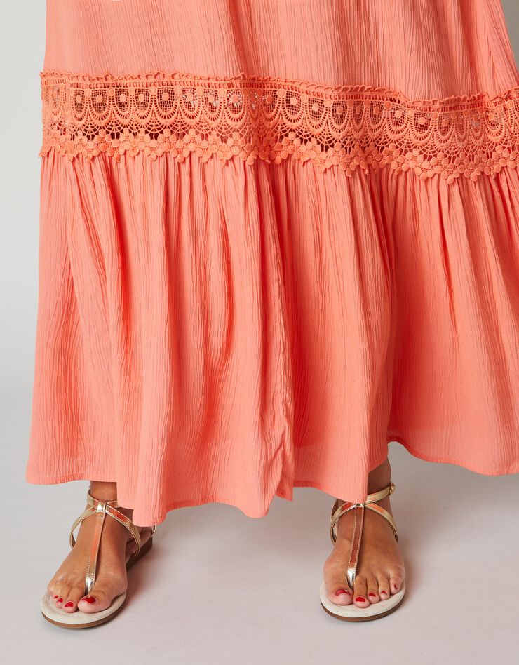 Robe longue volantée macramé (corail)