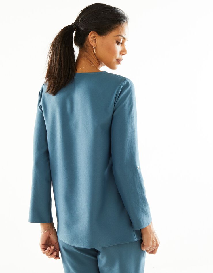 Blouse unie crêpe fluide détails dorés (turquoise grisé) Blouse unie crêpe fluide détails dorés (turquoise grisé)