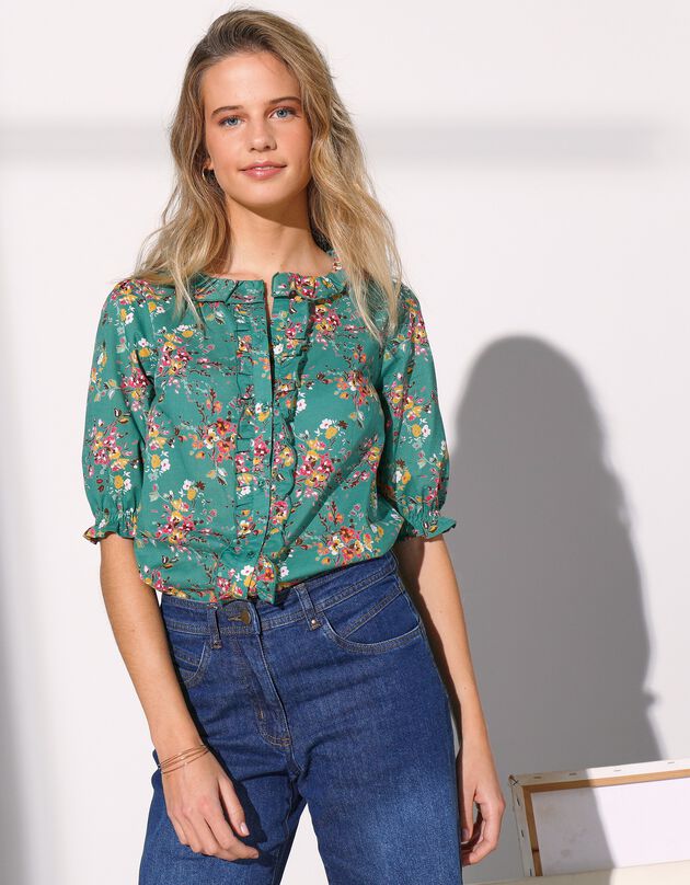 Blouse volantée manches coude imprimé fleuri (vert menthe / framboise)