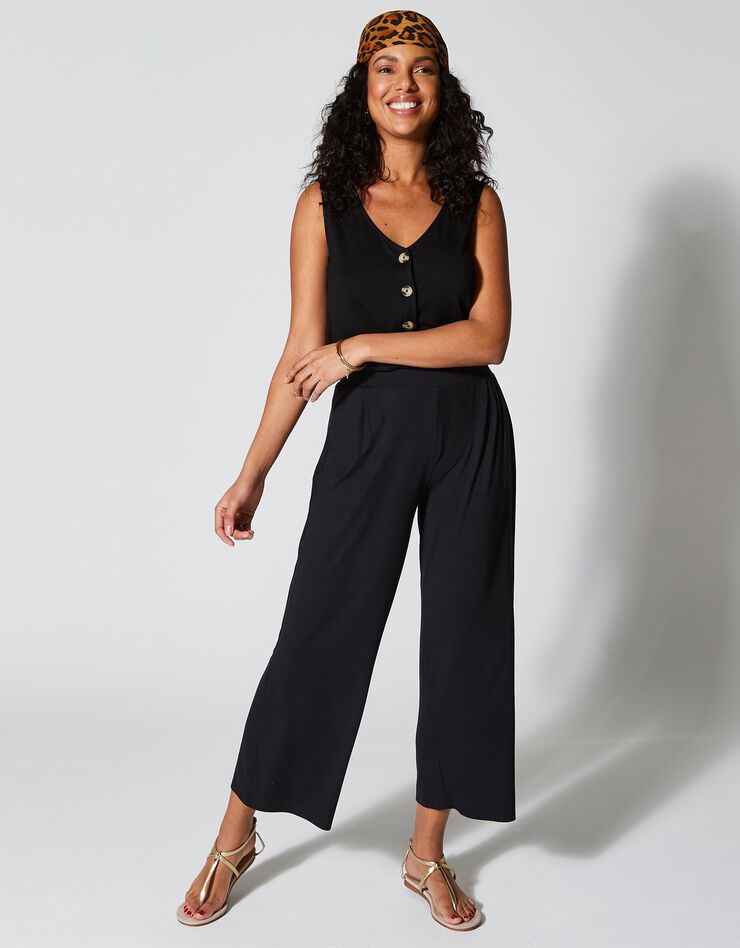 Pantalon large 7/8ème taille élastiquée maille fluide unie (noir)