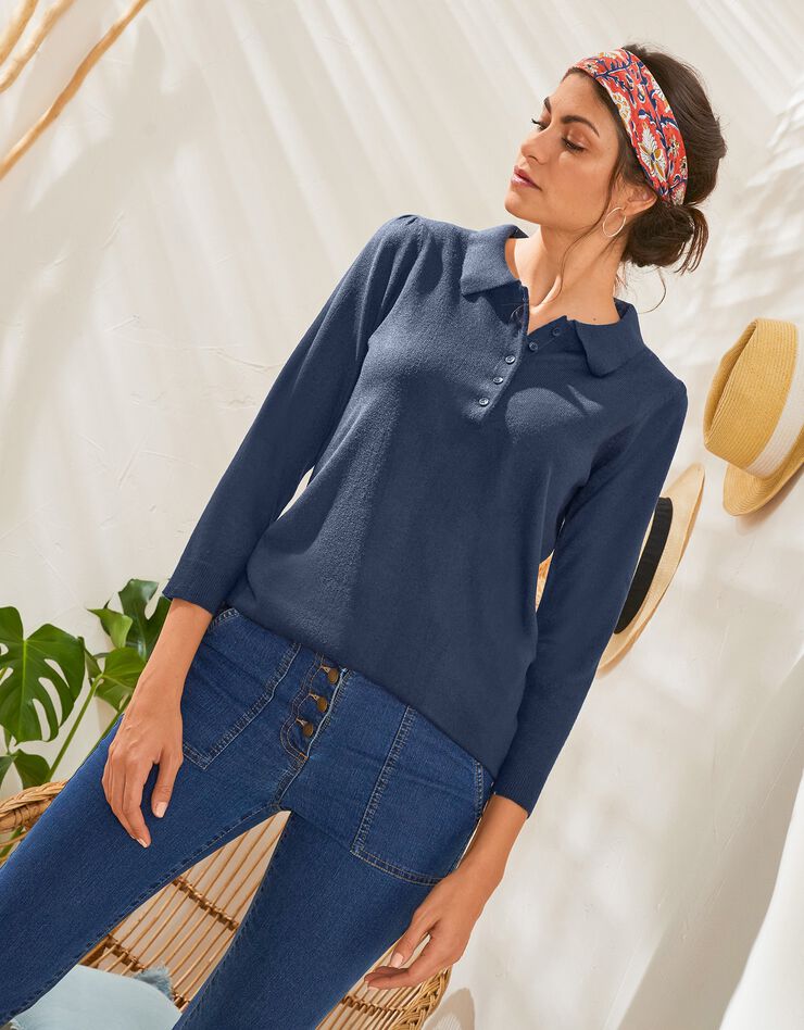 Pull col polo manches 3/4, toucher cachemire (marine) Pull col polo manches 3/4, toucher cachemire (marine)