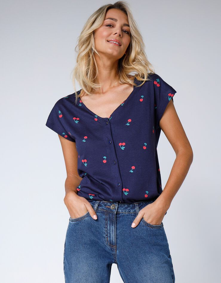 Tee-shirt col V boutonné imprimé cerises, spécial petites (marine) Tee-shirt col V boutonné imprimé cerises, spécial petites (marine)