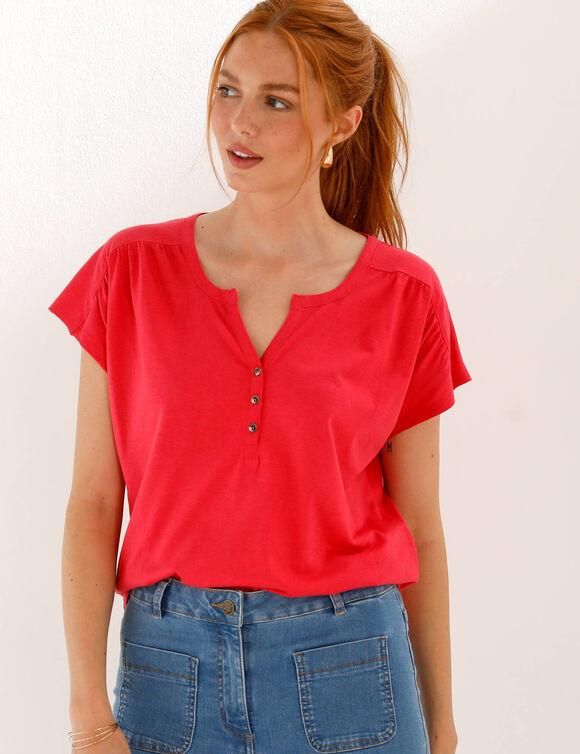 Tee-shirt col tunisien manches courtes, uni (rose indien)