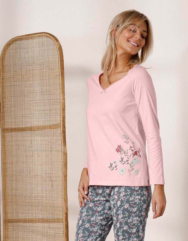 Tee-shirt pyjama manches longues imprimé placé (rose pâle)