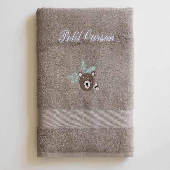 Collection &eacute;ponge enfant brod&eacute;e ourson personnalisable coton (taupe)