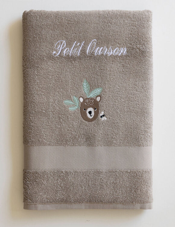 Collection &eacute;ponge enfant brod&eacute;e ourson personnalisable coton (taupe)