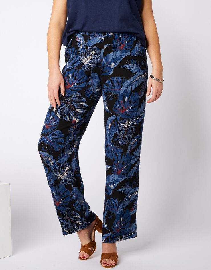 Pantalon large en crépon fluide - imprimé (noir / indigo) Pantalon large en crépon fluide - imprimé (noir / indigo)