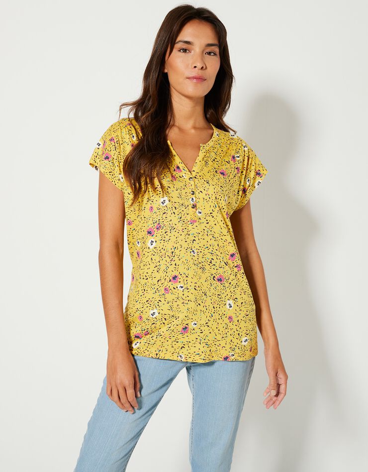 Tee-shirt col tunisien manches courtes, imprimé (jaune) Tee-shirt col tunisien manches courtes, imprimé (jaune)