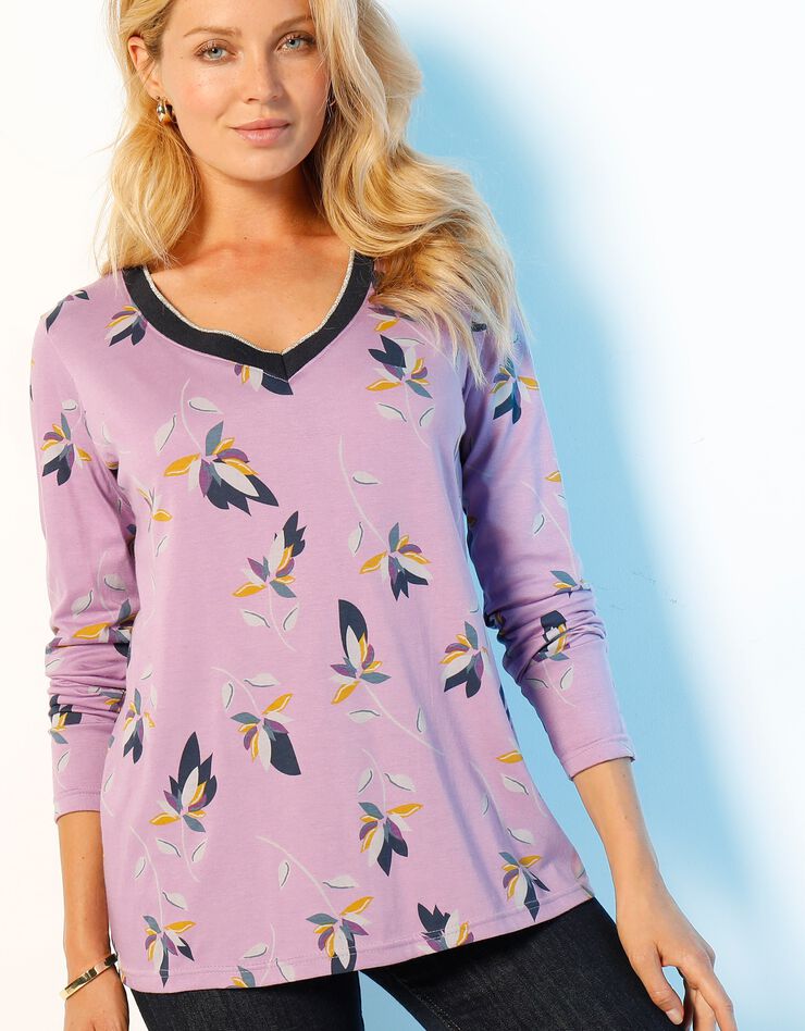 Tee-shirt col V biais doré imprimé fleurs (violine / marine) Tee-shirt col V biais doré imprimé fleurs (violine / marine)