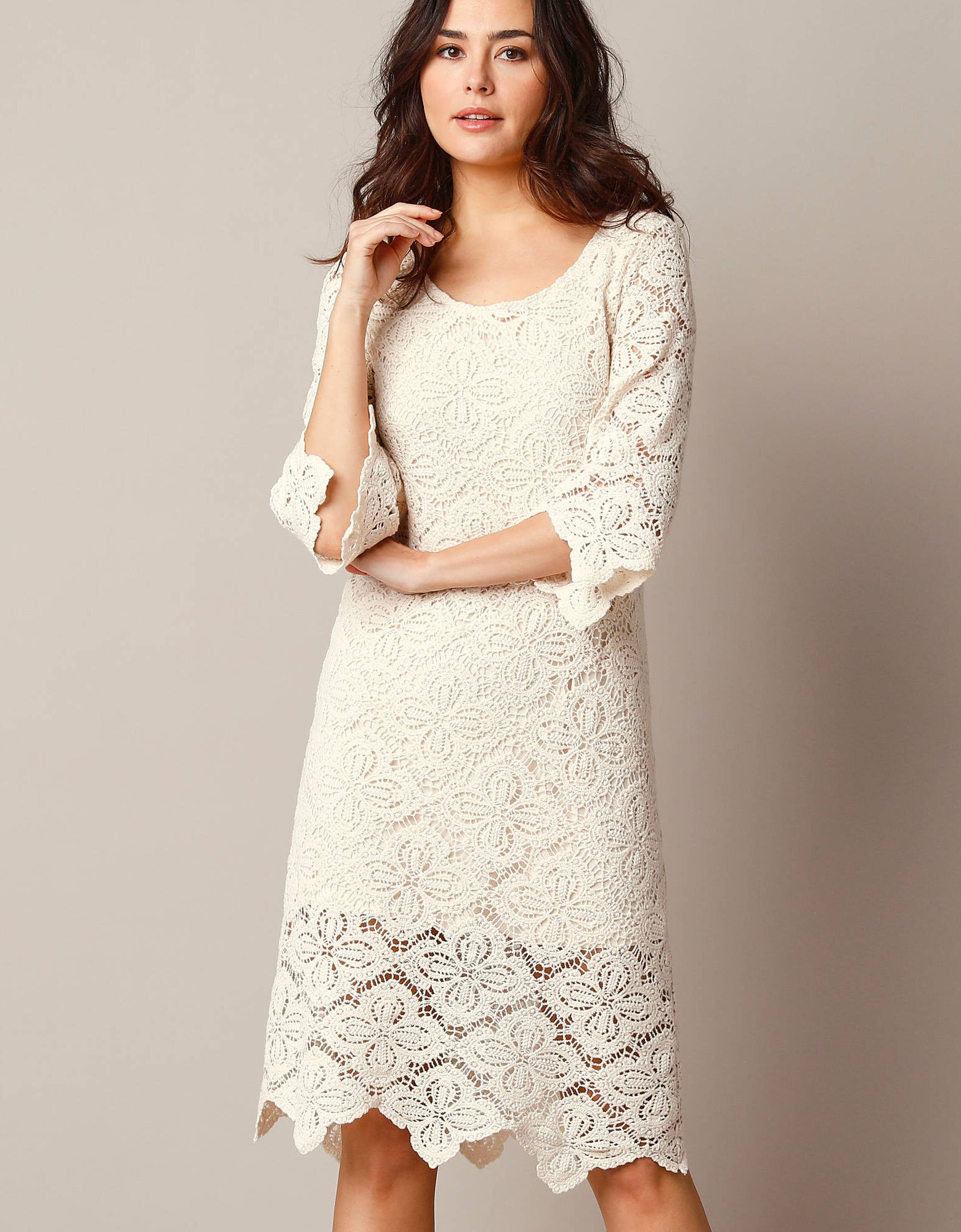 Robe courte macram?�, manches 3/4, ?�cru | Blancheporte