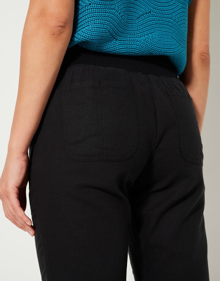 Pantalon coupe droite 7/8ème taille élastiquée, lin coton (noir)
