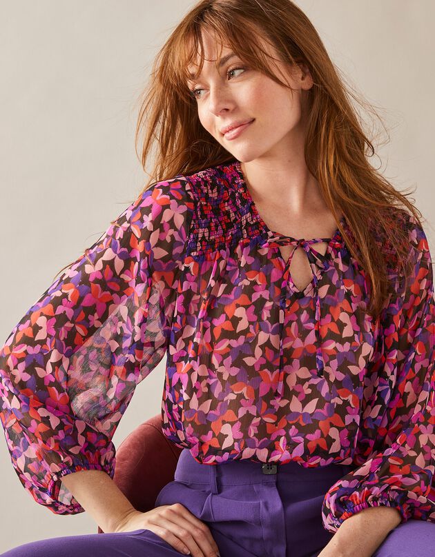 Blouse détails smockés imprimée manches 3/4, voile (noir / violet)