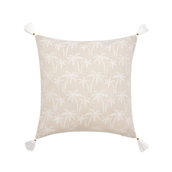 Coussin imprim&eacute; palmiers et pompons (blanc / naturel)